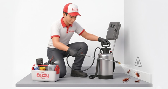 Pest control worker in protective suit